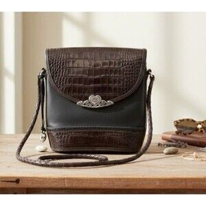 Brighton Crossbody Vintage Purse Black Brown Leather Croc Embossed Braided Strap